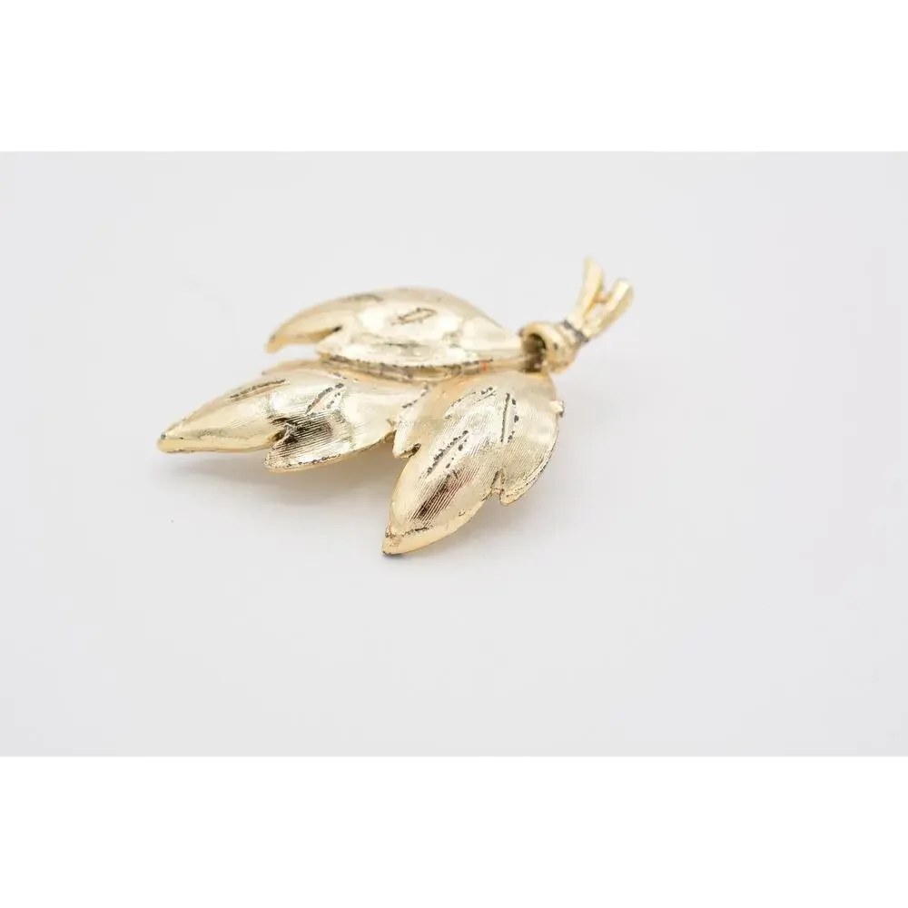 Vintage Wet Textured Leaf Pin Brooch Gold Tone Fall Autumn Chunky 1990s BinAT